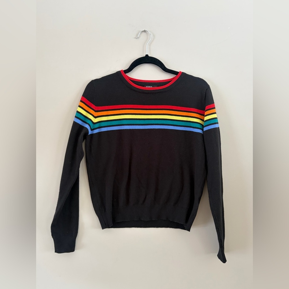 Ethos Clothier Rainbow Stripe Black Long Sleeve Cotton Blend Sweater Top Shirt